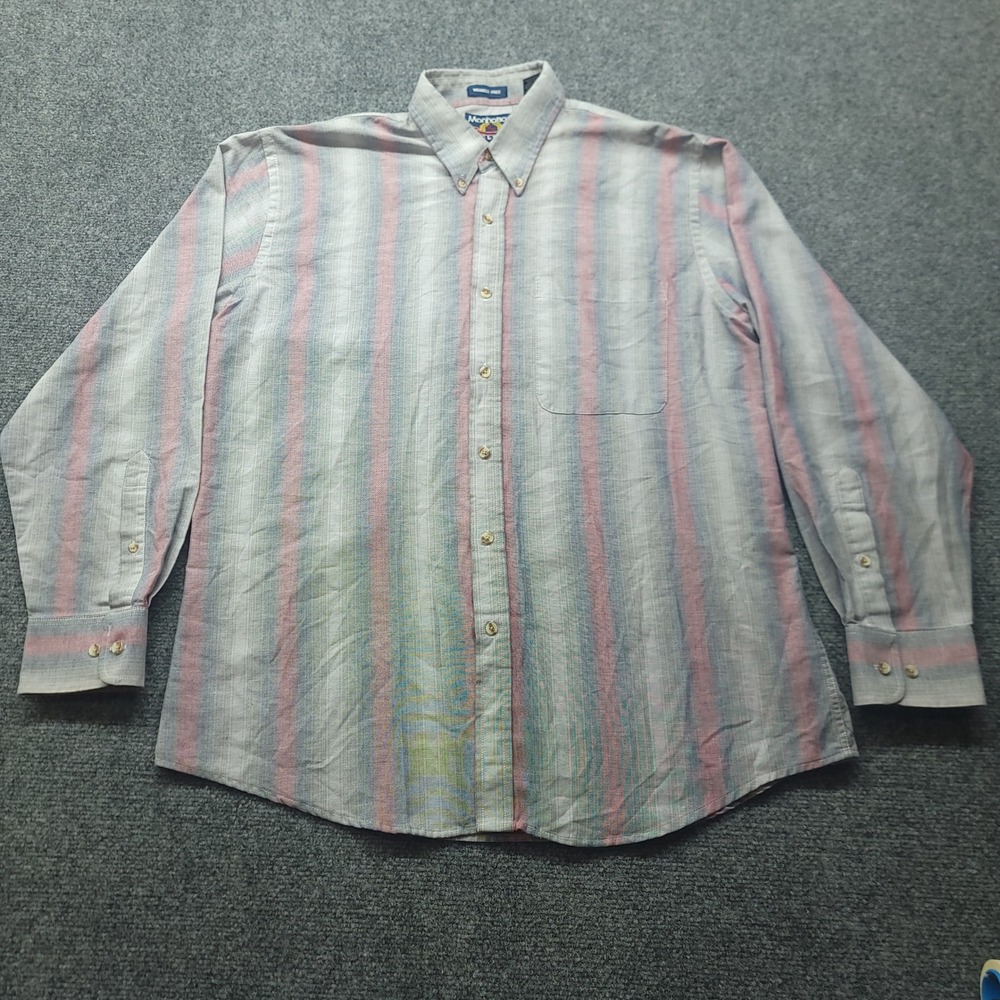 Manhattan Sport Club Mens Large Striped Button Down Shirt Wrinkle Free Blue Red